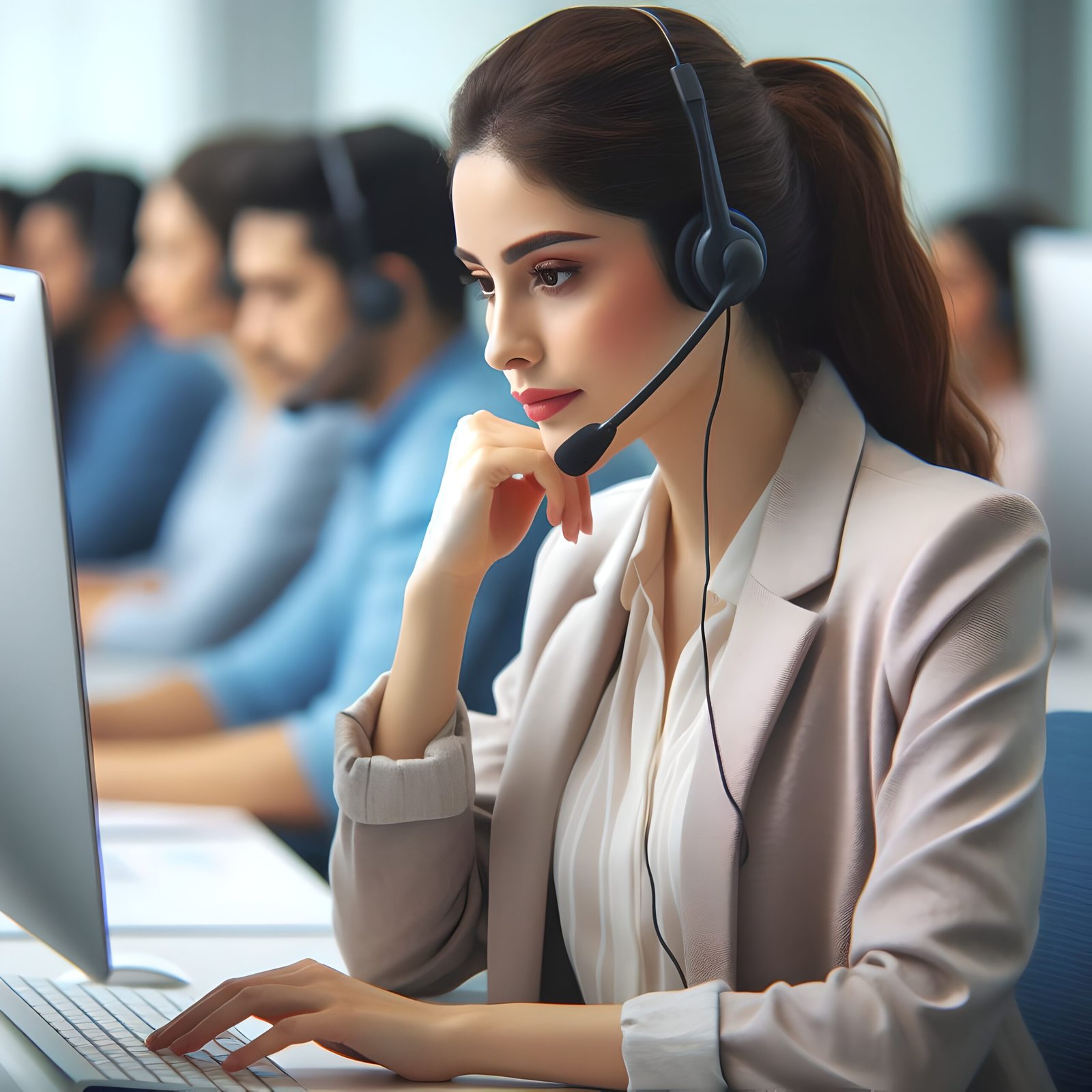 Customer Service Executive typing with headphones on.